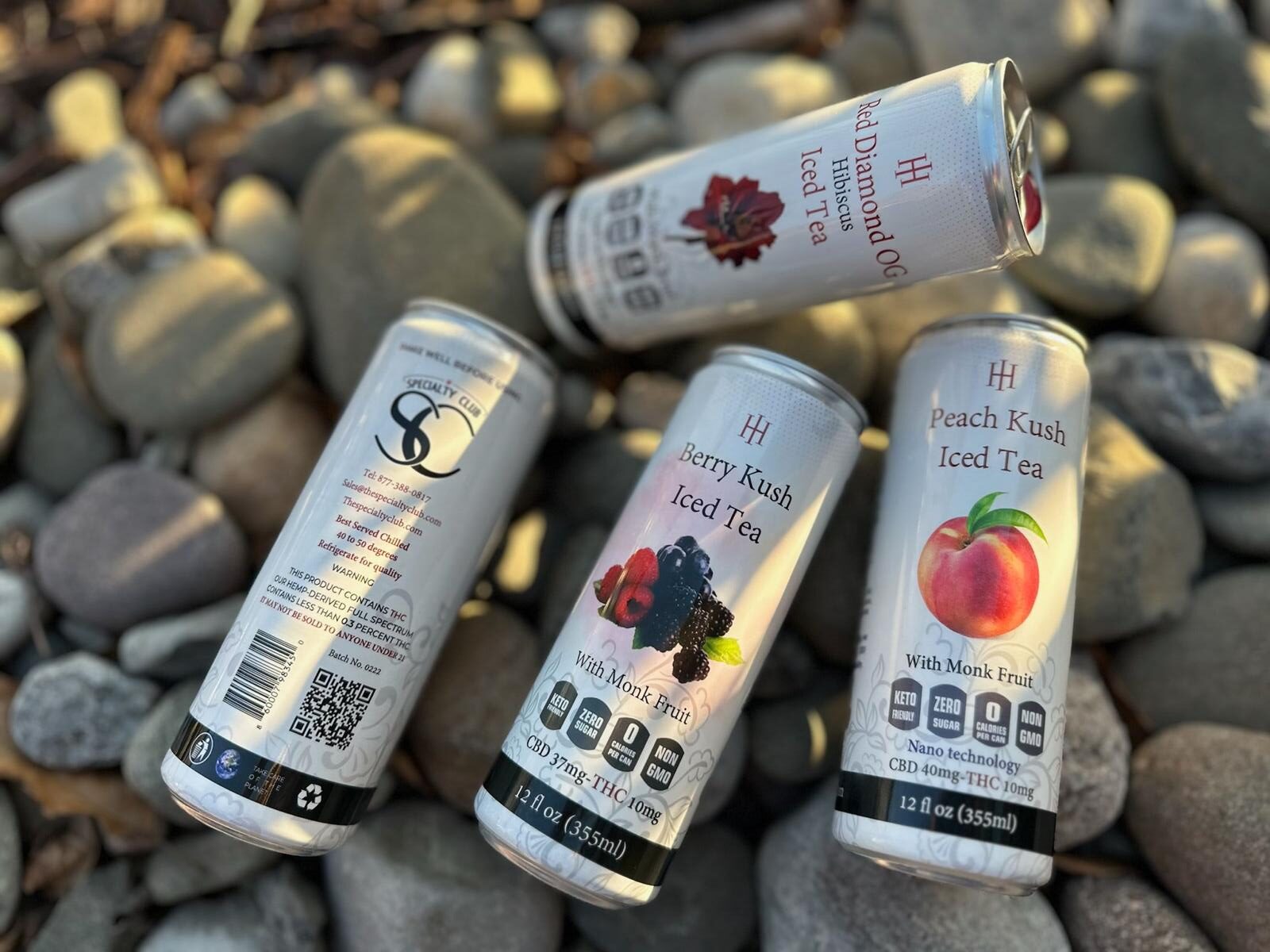 CBD and THC-infused iced tea cans from The Specialty Club, made with natural loose-leaf tea and nanotechnology.