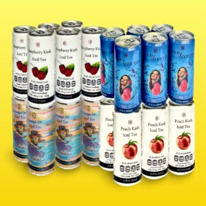 Assortment of Tropical Paradise Pack CBD+THC Iced Teas by The Specialty Club - Includes Mango OG, Peach Kush, Blueberry Kush, and Raspberry Kush flavors.