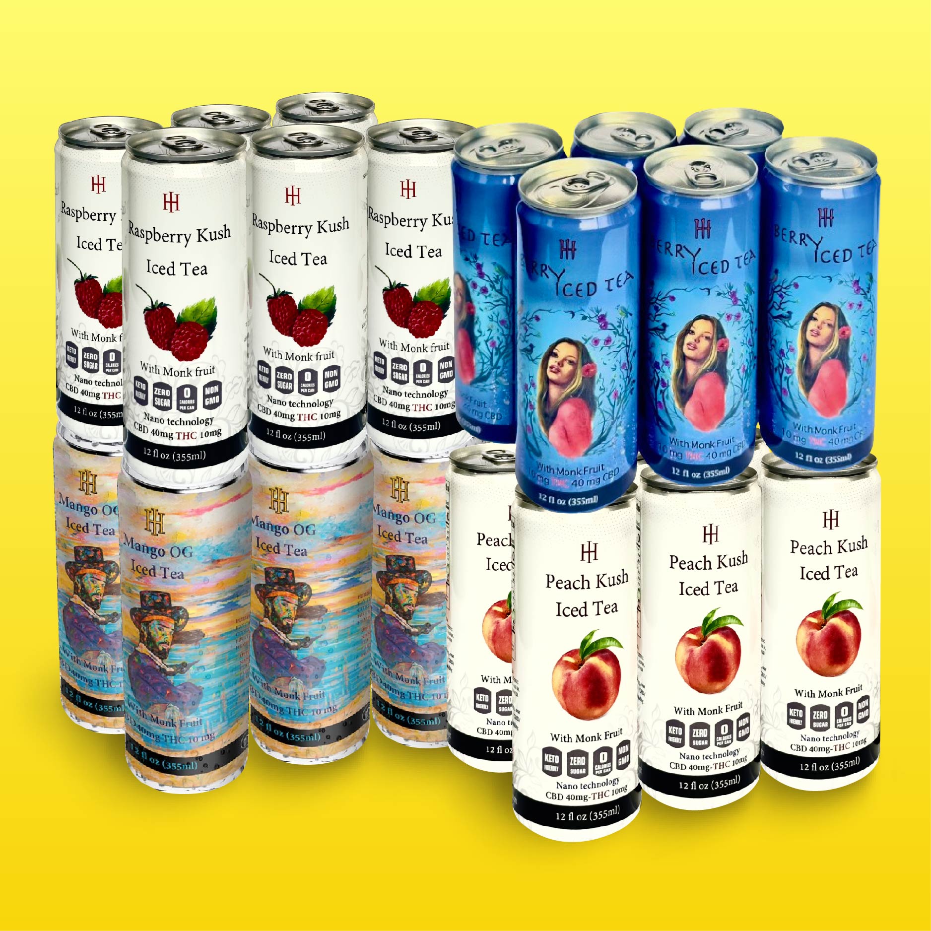 Assortment of Tropical Paradise Pack CBD+THC Iced Teas by The Specialty Club - Includes Mango OG, Peach Kush, Blueberry Kush, and Raspberry Kush flavors.