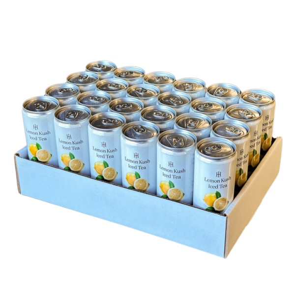 24-pack of Lemon Kush Iced Tea cans, featuring premium CBD and THC infusion for wellness and relaxation.