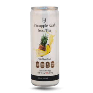 Pineapple Kush Iced Tea can with monk fruit and nano CBD & THC technology, displayed on a white background.