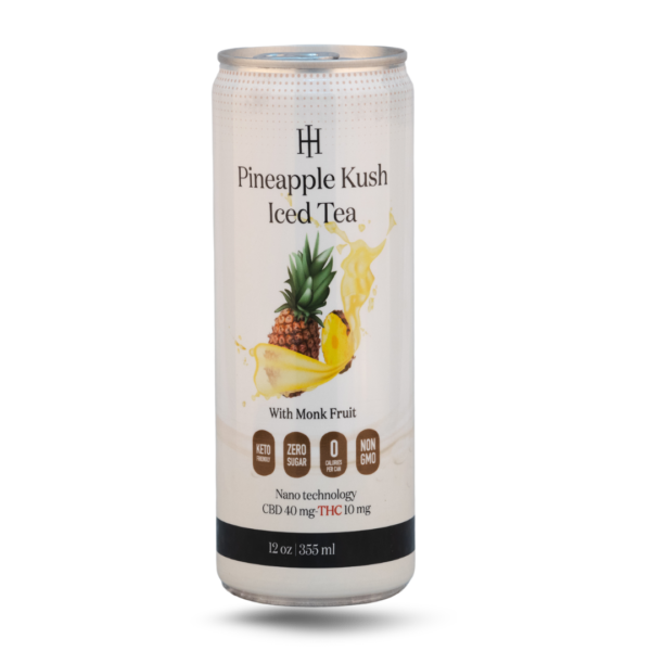 Pineapple Kush Iced Tea can with monk fruit and nano CBD & THC technology, displayed on a white background.