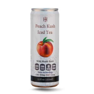 Peach Kush Iced Tea can with 40mg CBD, monk fruit, and nano technology. A refreshing CBD-infused beverage.