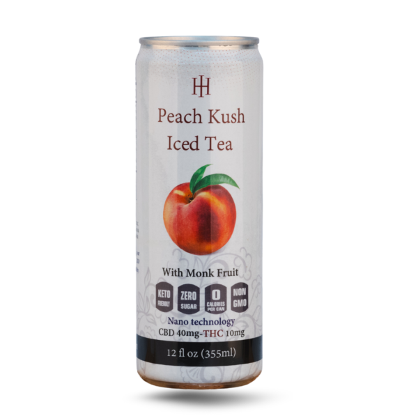 Peach Kush Iced Tea can with 40mg CBD, monk fruit, and nano technology. A refreshing CBD-infused beverage.