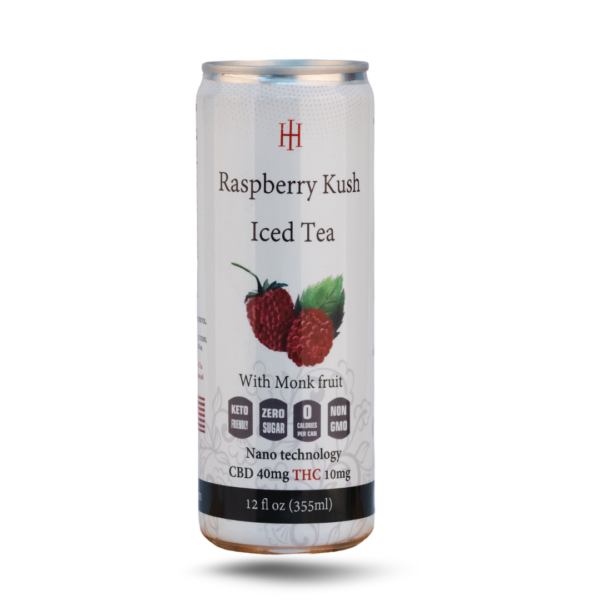 Raspberry Kush Iced Tea can with hemp-derived CBD and THC, sweetened with monk fruit.