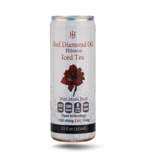 Red Diamond OG Hibiscus Iced Tea can with label details, showing CBD and THC indicators, monk fruit, and hibiscus illustration