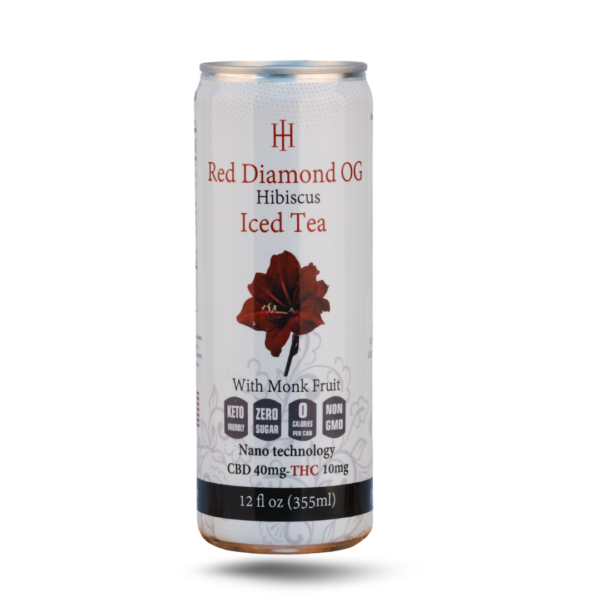 Red Diamond OG Hibiscus Iced Tea can with label details, showing CBD and THC indicators, monk fruit, and hibiscus illustration