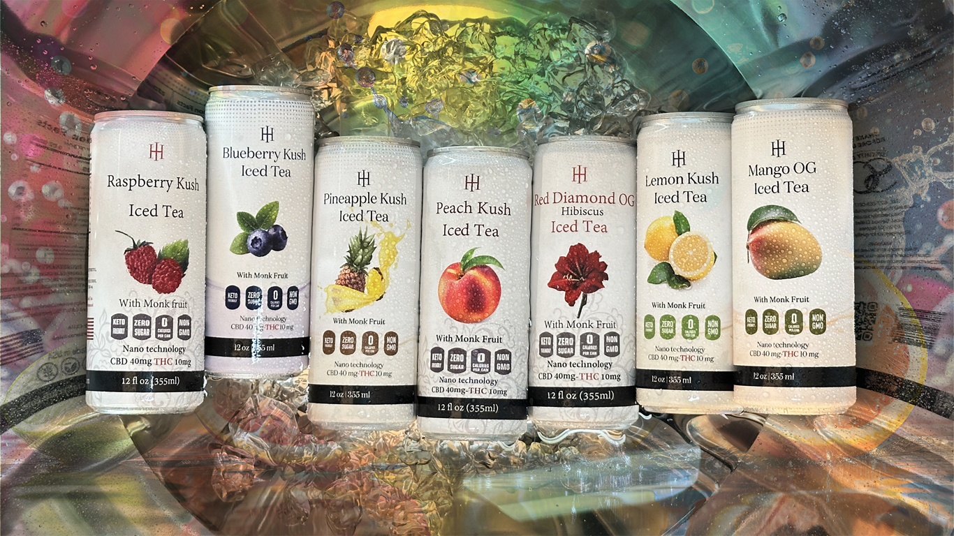 ix cans of The Specialty Club iced tea flavors—Raspberry Kush, Blueberry Kush, Pineapple Kush, Peach Kush, Red Diamond OG Hibiscus, Lemon Kush, and Mango OG—chilled on ice with a colorful background.